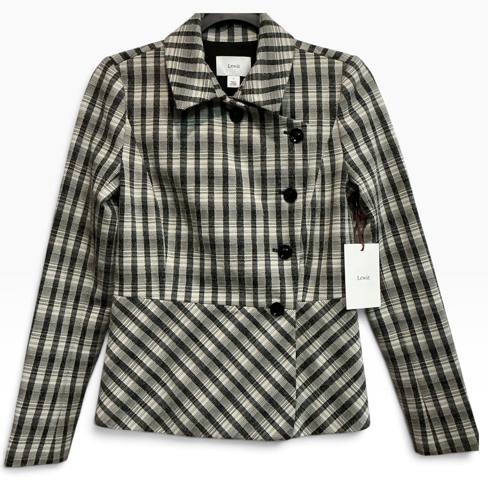 NWT Lewit Womens Black White Plaid Asymmetric Peplum Wool Blend Blazer Jacket S